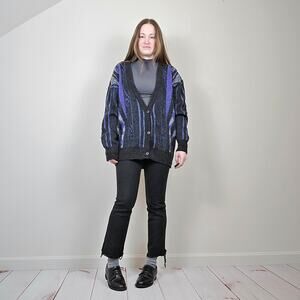 Vintage 80s 90s Abstract Grandpa Cardigan Gray Purple Medium